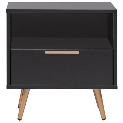 NovaCasa Bedside Table Black MDF With Golden Metal Legs