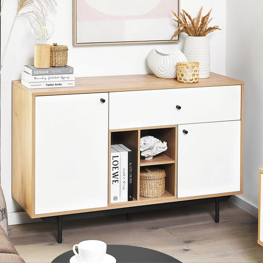 Retro Sideboard In Light Brown And White Engineered Wood Cabinets With Drawers