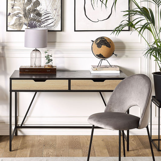 Black Wood Top Desk With Light Wood Two Drawers Metal Base 120 x 60cm Minimalist Design