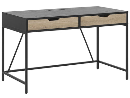 Black Wood Top Desk With Light Wood Two Drawers Metal Base 120 x 60cm Minimalist Design