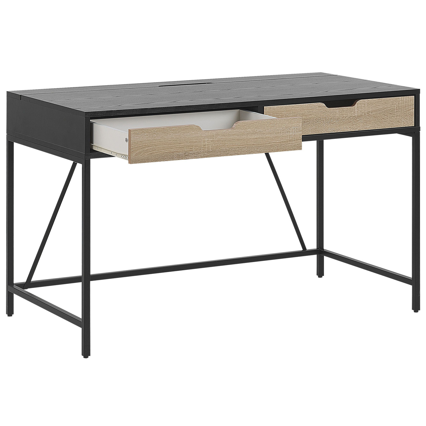 Black Wood Top Desk With Light Wood Two Drawers Metal Base 120 x 60cm Minimalist Design