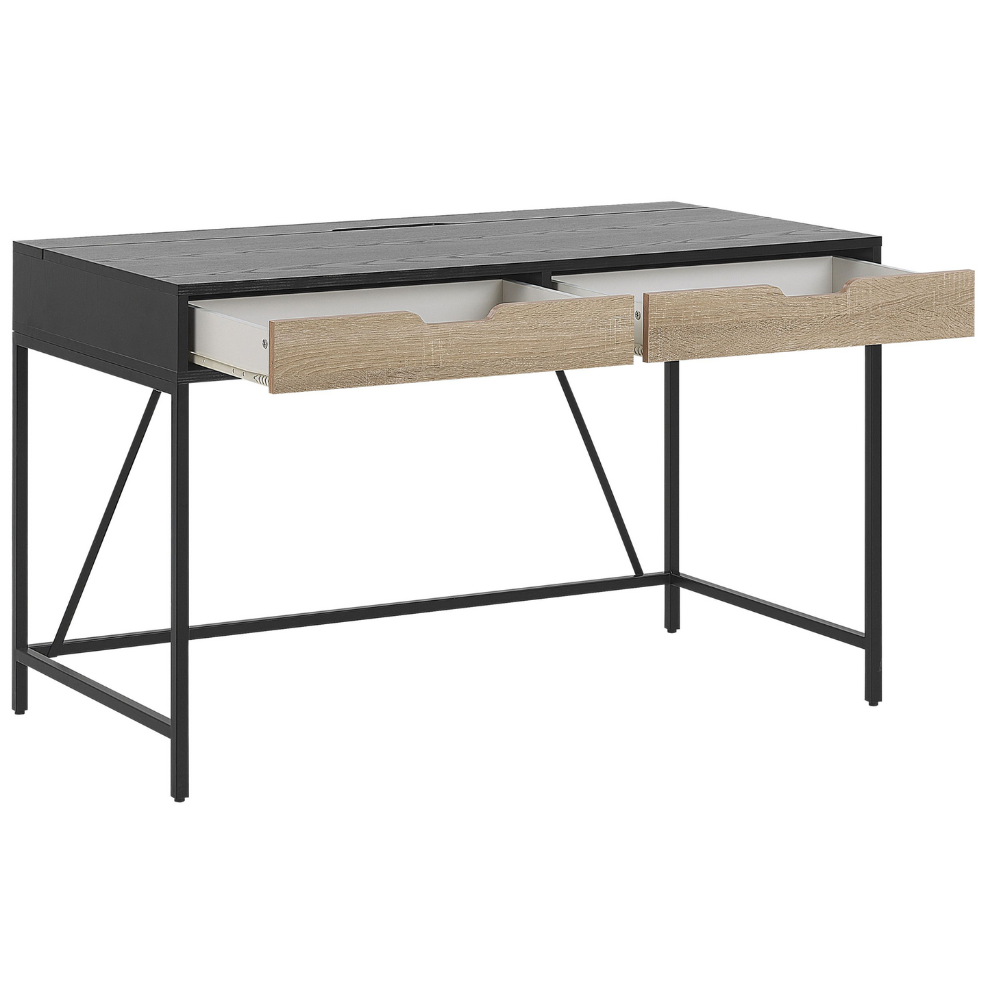 Black Wood Top Desk With Light Wood Two Drawers Metal Base 120 x 60cm Minimalist Design