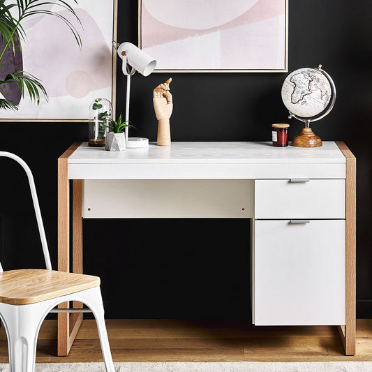 White Wood Desk 110 x 50cm With Spacious Drawer Minimalist