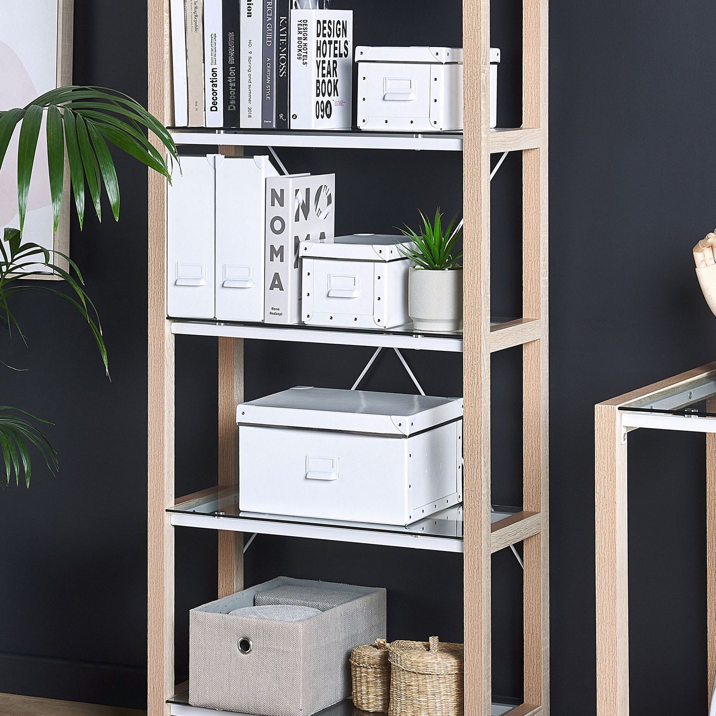 Bookcase White and Light Wood Glass Shelves Freestanding