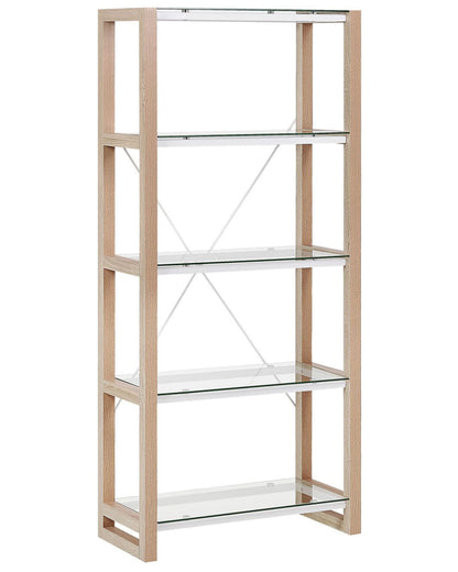 Bookcase White and Light Wood Glass Shelves Freestanding