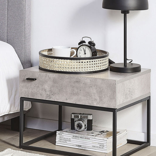 Grey Concrete Bedside Table With 1 Drawer Black Metal Base