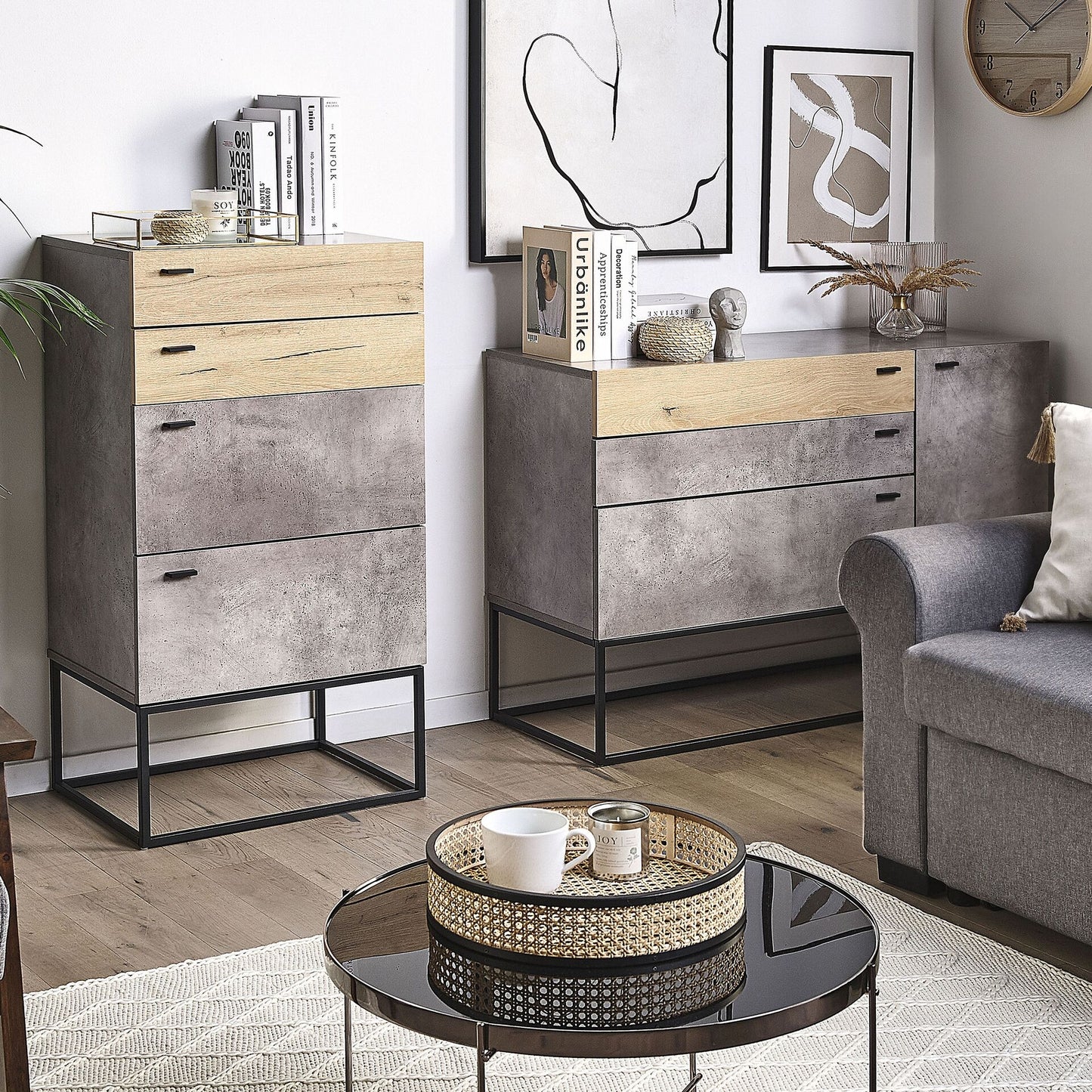 Industrial Chest Of Drawers Black Metal Base 4-Tier Light Wood