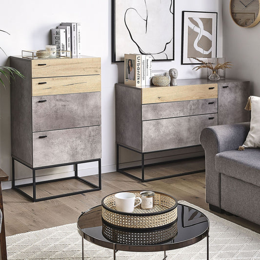Industrial Chest Of Drawers Black Metal Base 4-Tier Light Wood