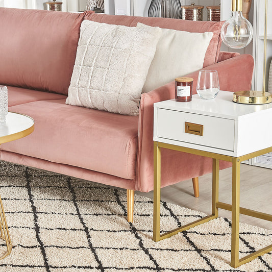 Side Table White With Gold Metal Base 40 x 40cm Storage Drawer Bedside Nightstand