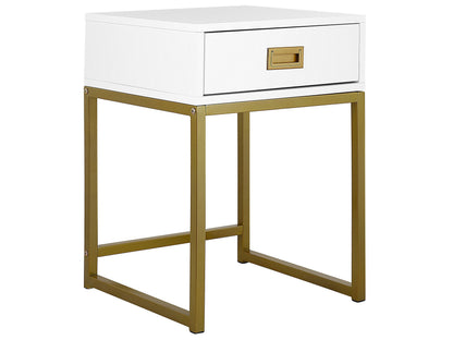 Side Table White With Gold Metal Base 40 x 40cm Storage Drawer Bedside Nightstand