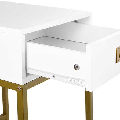 Side Table White With Gold Metal Base 40 x 40cm Storage Drawer Bedside Nightstand