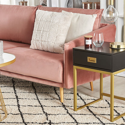 Side Table 40 X 40cm Black With Gold Metal Base Drawer Bedside Nightstand