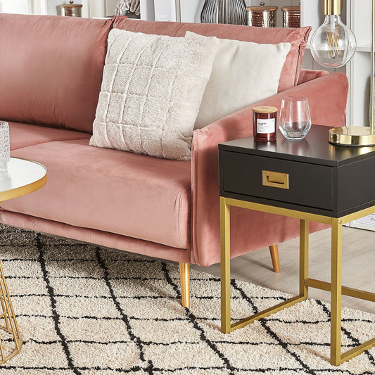 Side Table 40 X 40cm Black With Gold Metal Base Drawer Bedside Nightstand