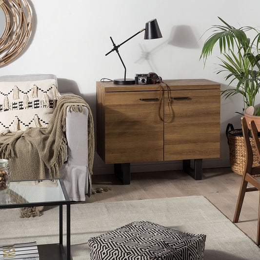 Sideboard 2 Door Dark Brown With Grey Metal Base Shelves