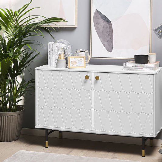 White 2 Door Sideboard Cabinet Modern Minimalist Storage With Black Metal Legs Gold Accent