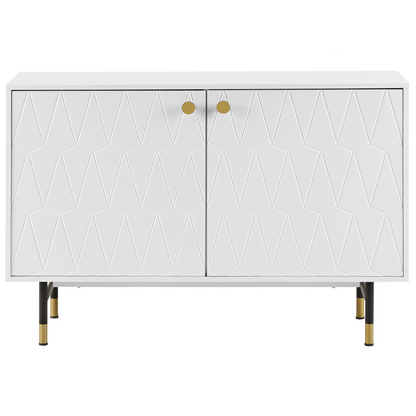 White 2 Door Sideboard Cabinet Modern Minimalist Storage With Black Metal Legs Gold Accent