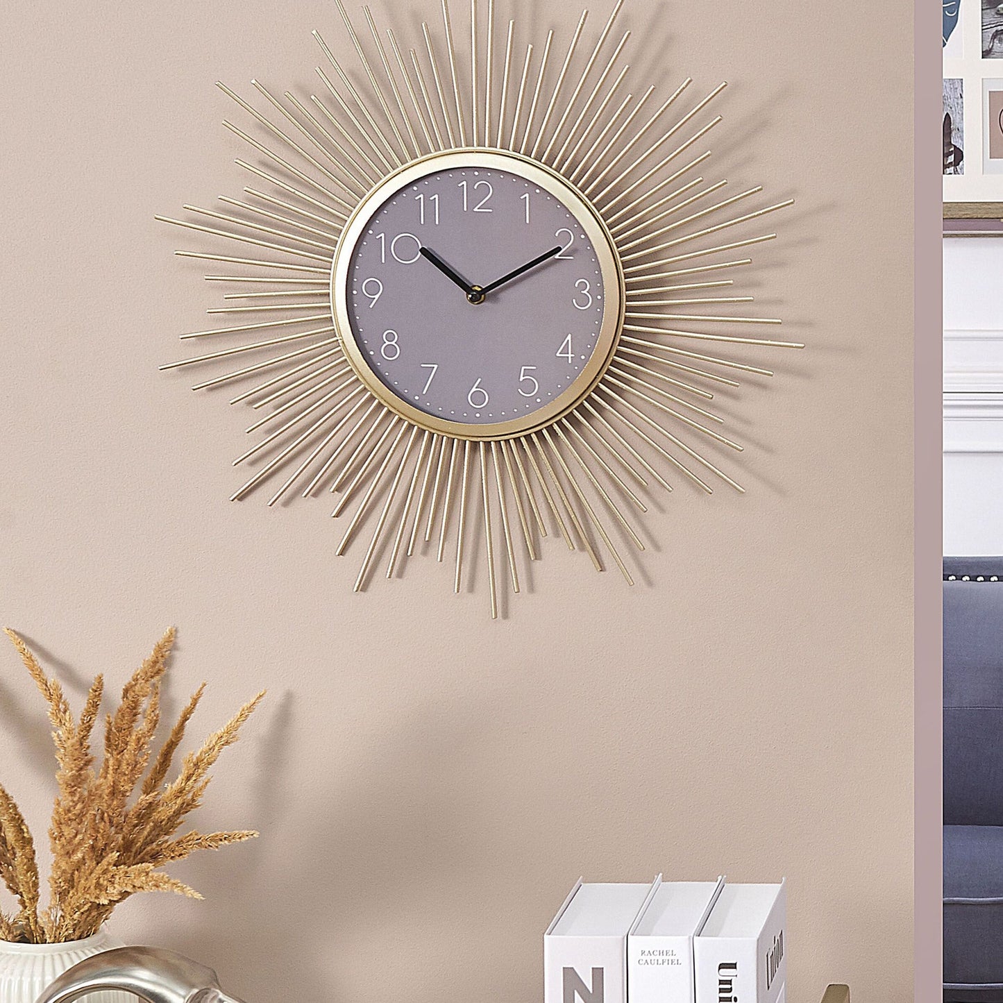 Luma Wall Clock Gold Grey Sunburst 45cm Round Arabic Numerals