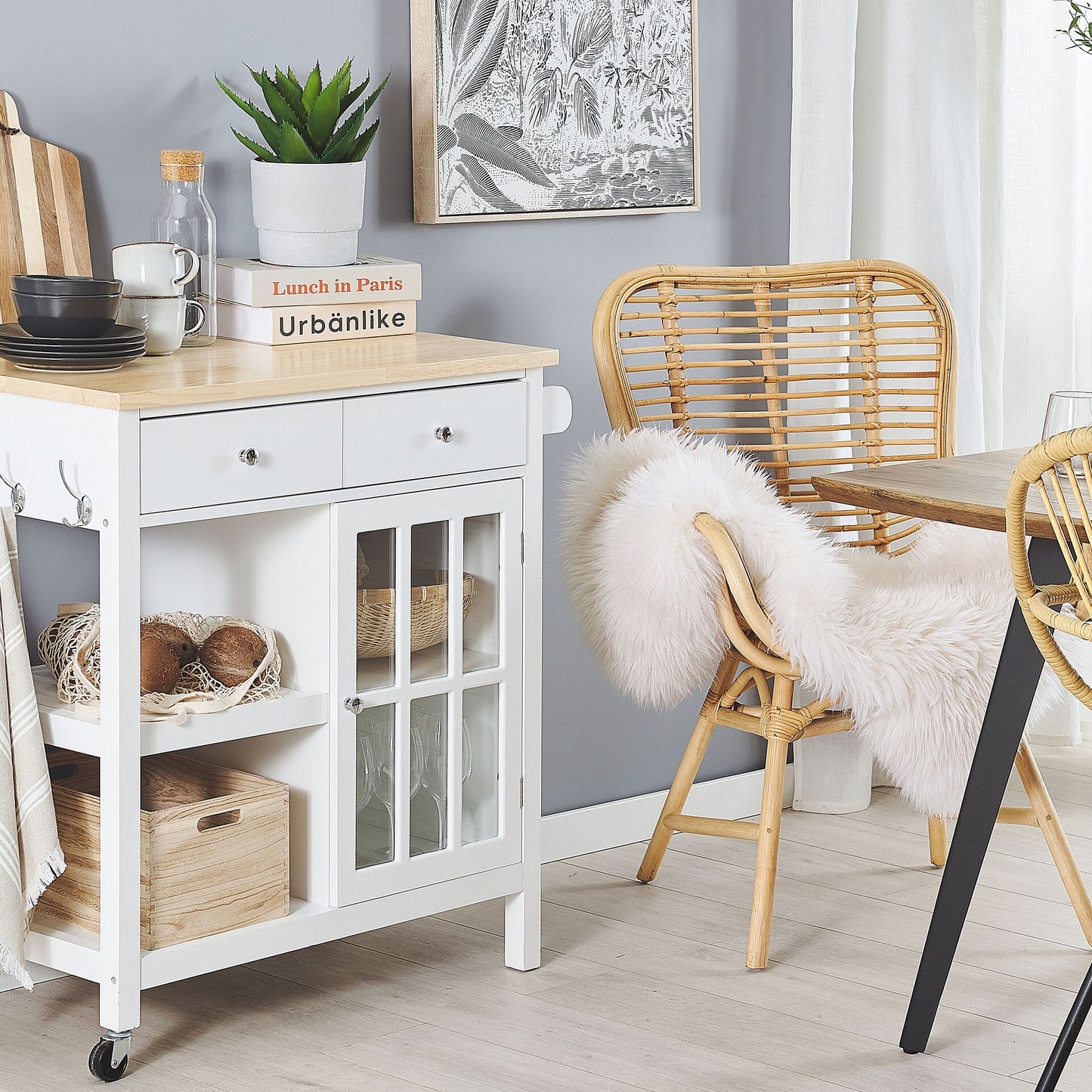 Nordic Home Kitchen Trolley White MDF Pine Wood Top Castors Storage