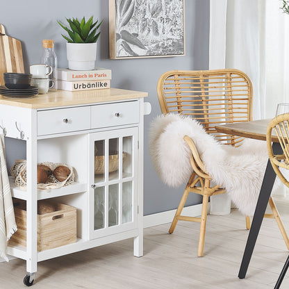 Nordic Home Kitchen Trolley White MDF Pine Wood Top Castors Storage