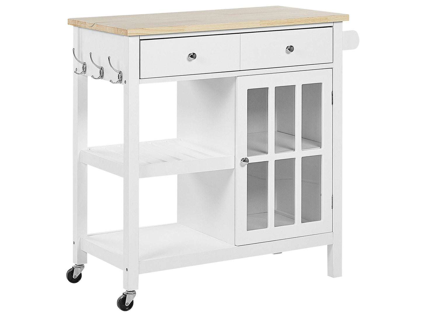 Nordic Home Kitchen Trolley White MDF Pine Wood Top Castors Storage