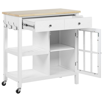 Nordic Home Kitchen Trolley White MDF Pine Wood Top Castors Storage