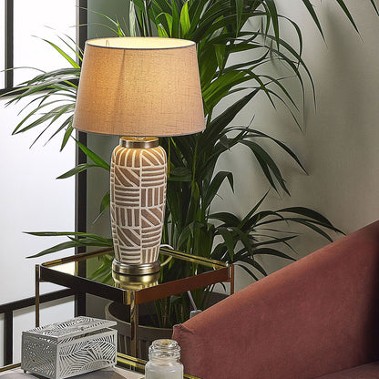 Beige White Ceramic Bedside Lamp 48cm Drum Shade Traditional