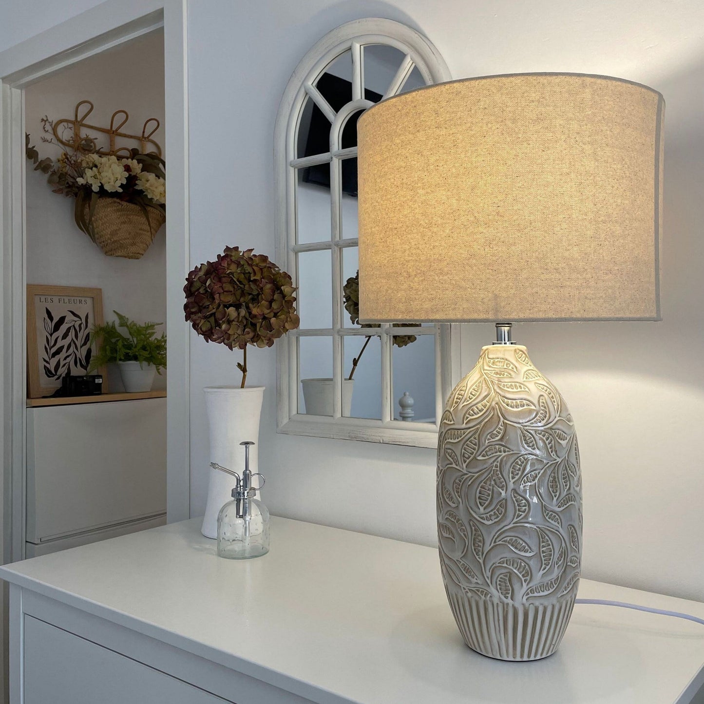 Beige Ceramic Bedside Lamp with Leaf Pattern Drum Shade 57cm