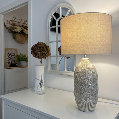 Beige Ceramic Bedside Lamp with Leaf Pattern Drum Shade 57cm