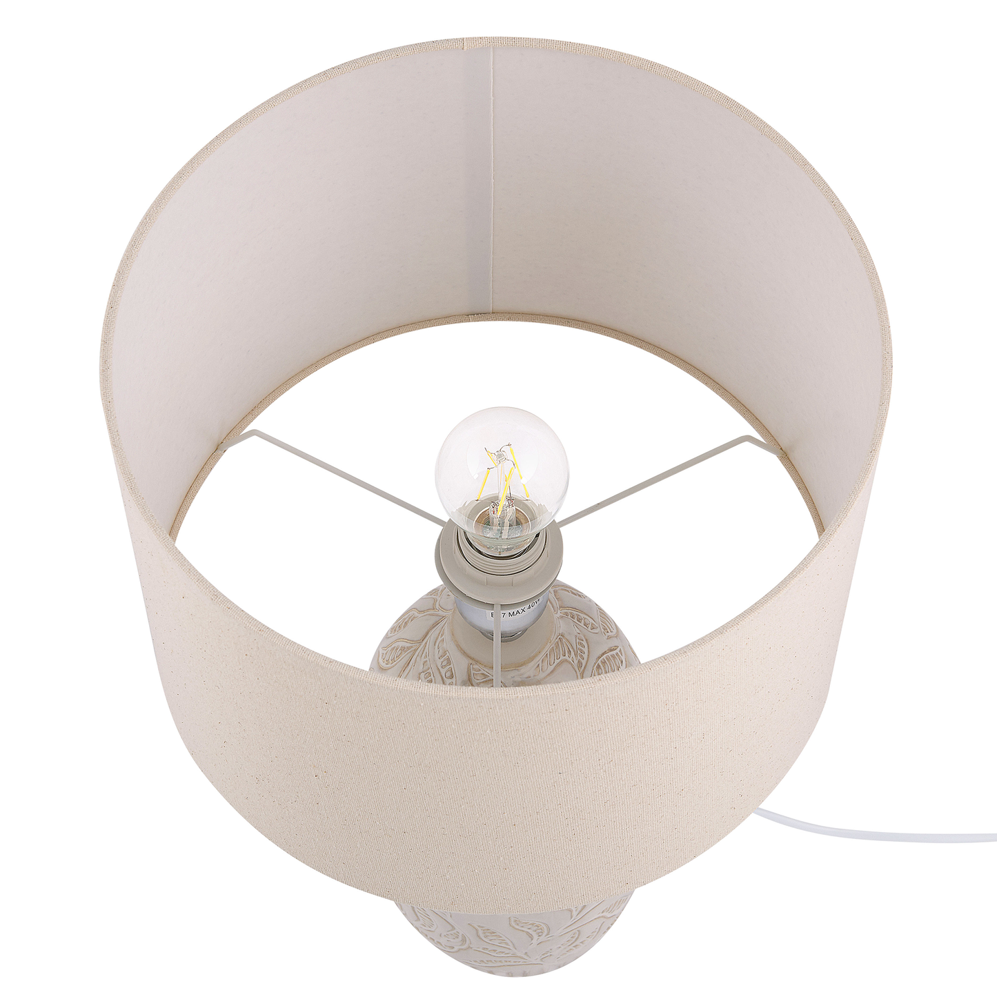 Beige Ceramic Bedside Lamp with Leaf Pattern Drum Shade 57cm