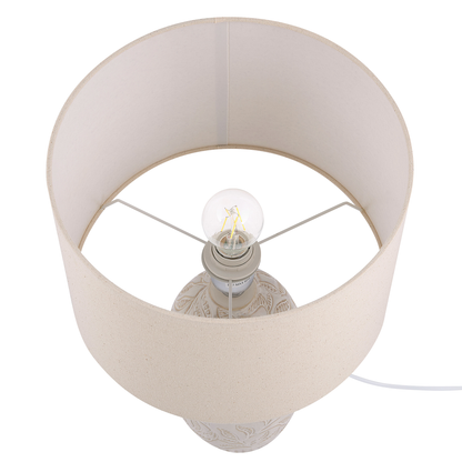 Beige Ceramic Bedside Lamp with Leaf Pattern Drum Shade 57cm