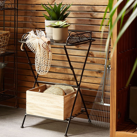 Black Metal Side Table 35 x 40cm Folding Wire Top With Shelf