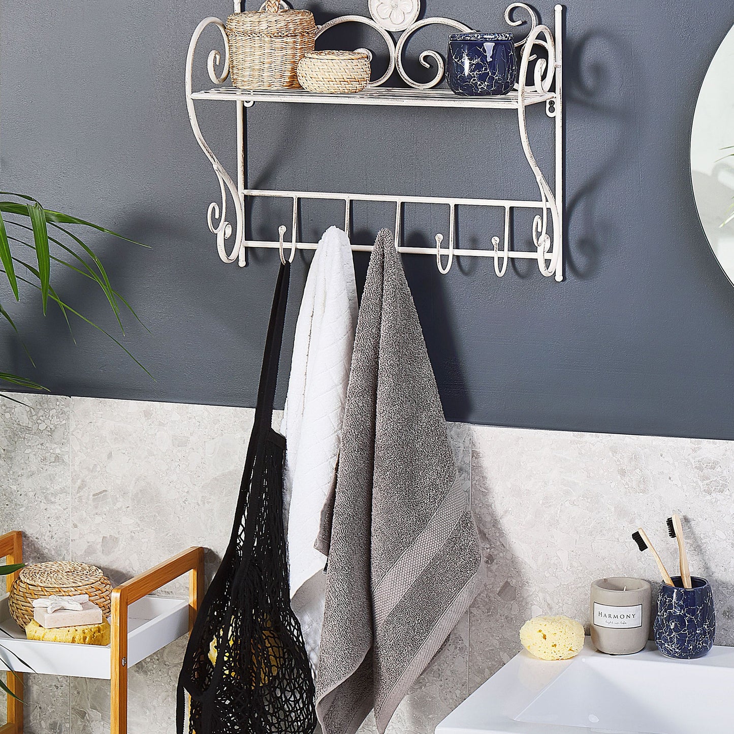 Heritage Home Distressed White Bathroom Wall Shelf 42 x 47cm With Hooks