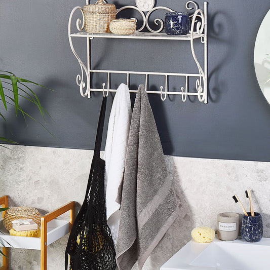 Heritage Home Distressed White Bathroom Wall Shelf 42 x 47cm With Hooks