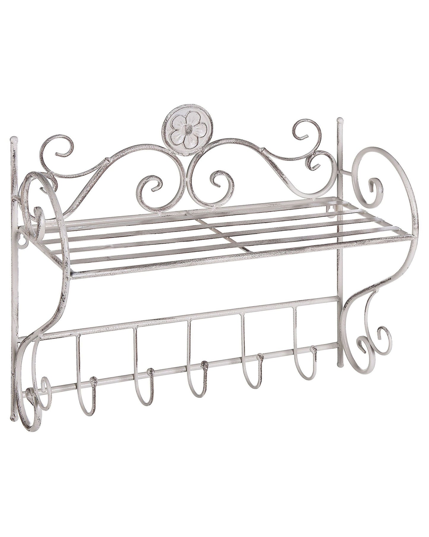 Heritage Home Distressed White Bathroom Wall Shelf 42 x 47cm With Hooks