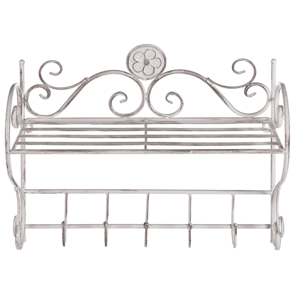Heritage Home Distressed White Bathroom Wall Shelf 42 x 47cm With Hooks
