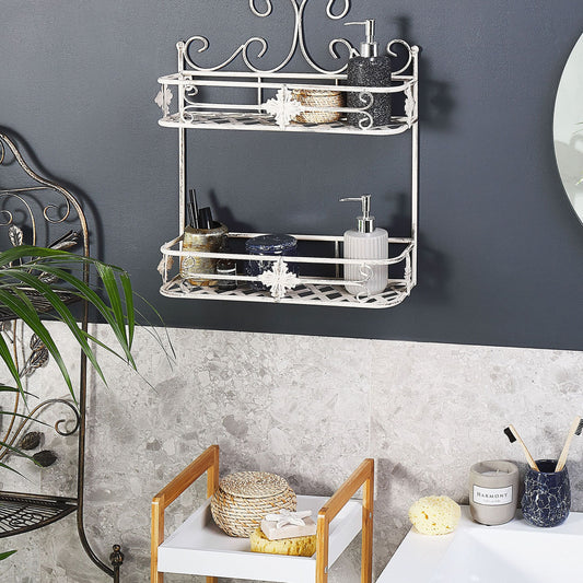 Luxe Bathroom Wall Shelf White Metal 52 X 42cm Distressed Vintage Style