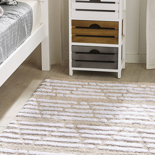 Hand Woven Shaggy Beige Cotton Area Rug 120 x 180cm Boho Bedroom Floor Decor