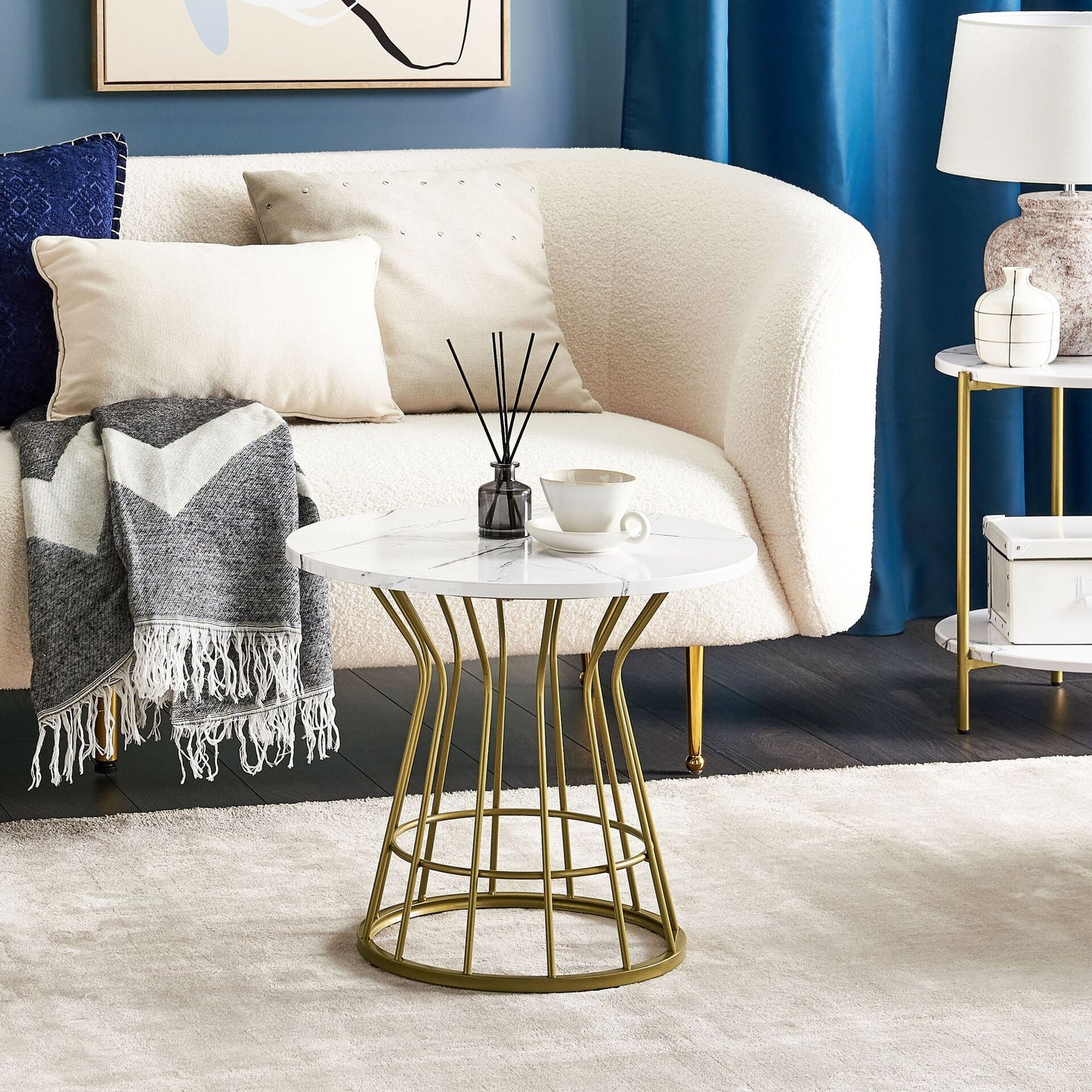 Glamour Living Coffee Table White Gold MDF Iron 50cm Marble Effect