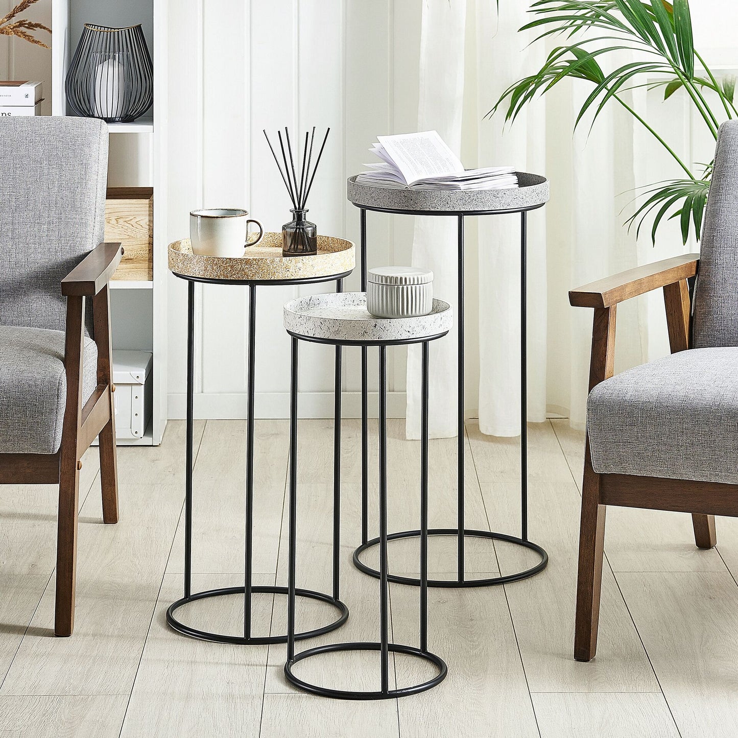 Three Piece Marble Effect Side Tables Openwork Black Frame
