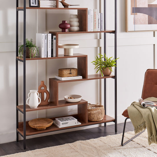 6 Tier Bookcase Openback Dark Brown Wood With Black Metal Frame