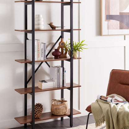 Industrial Bookcase 5 Tier Open Back Steel Frame Dark Brown Black Finish With Adjustable Feet