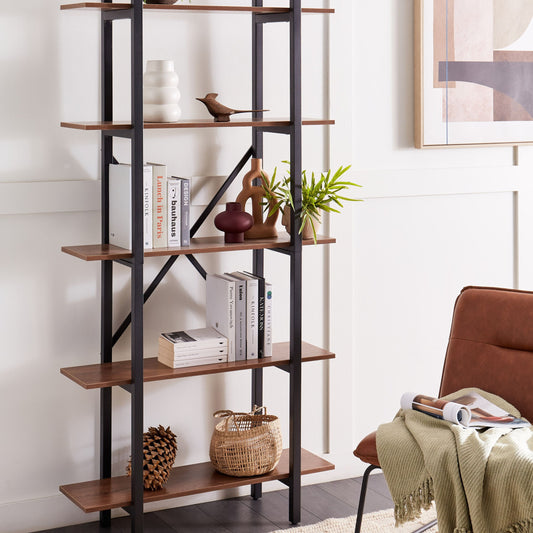 Industrial Bookcase 5 Tier Open Back Steel Frame Dark Brown Black Finish With Adjustable Feet