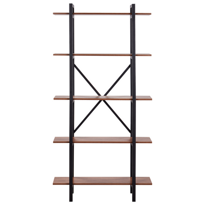 Industrial Bookcase 5 Tier Open Back Steel Frame Dark Brown Black Finish With Adjustable Feet