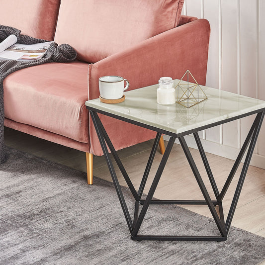 Side End Table 50 x 50cm Beige Marble Finish With Black Metal Frame Glamorous Design