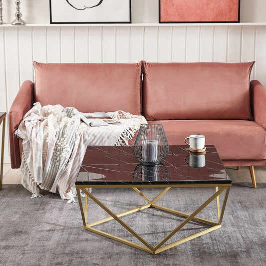 Coffee Table Black Marble Top Gold Metal Base 80 x 80cm