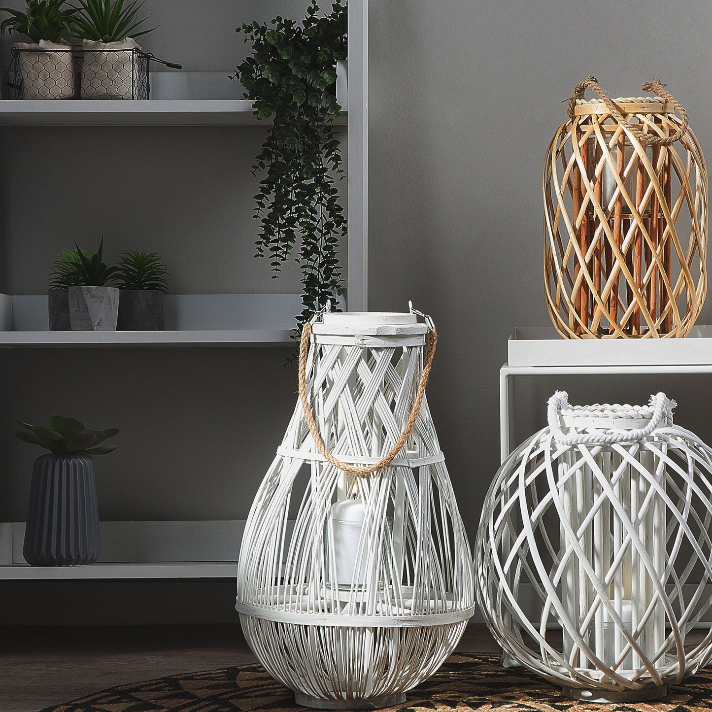 Lantern White Bamboo Wood Glass 75cm Indoor Outdoor