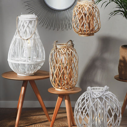 Lantern White Bamboo Wood Glass 56cm Indoor Outdoor Scandinavian Style Room Decor
