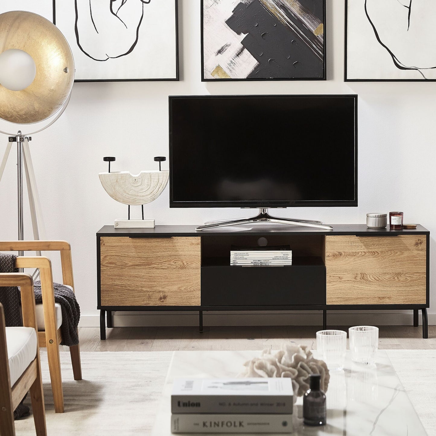 Black And Light Wood Particle Board TV Stand With Metal Legs And Drawer Storage For 70 Inch TVs