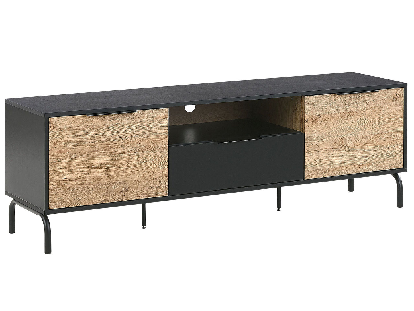 Black And Light Wood Particle Board TV Stand With Metal Legs And Drawer Storage For 70 Inch TVs