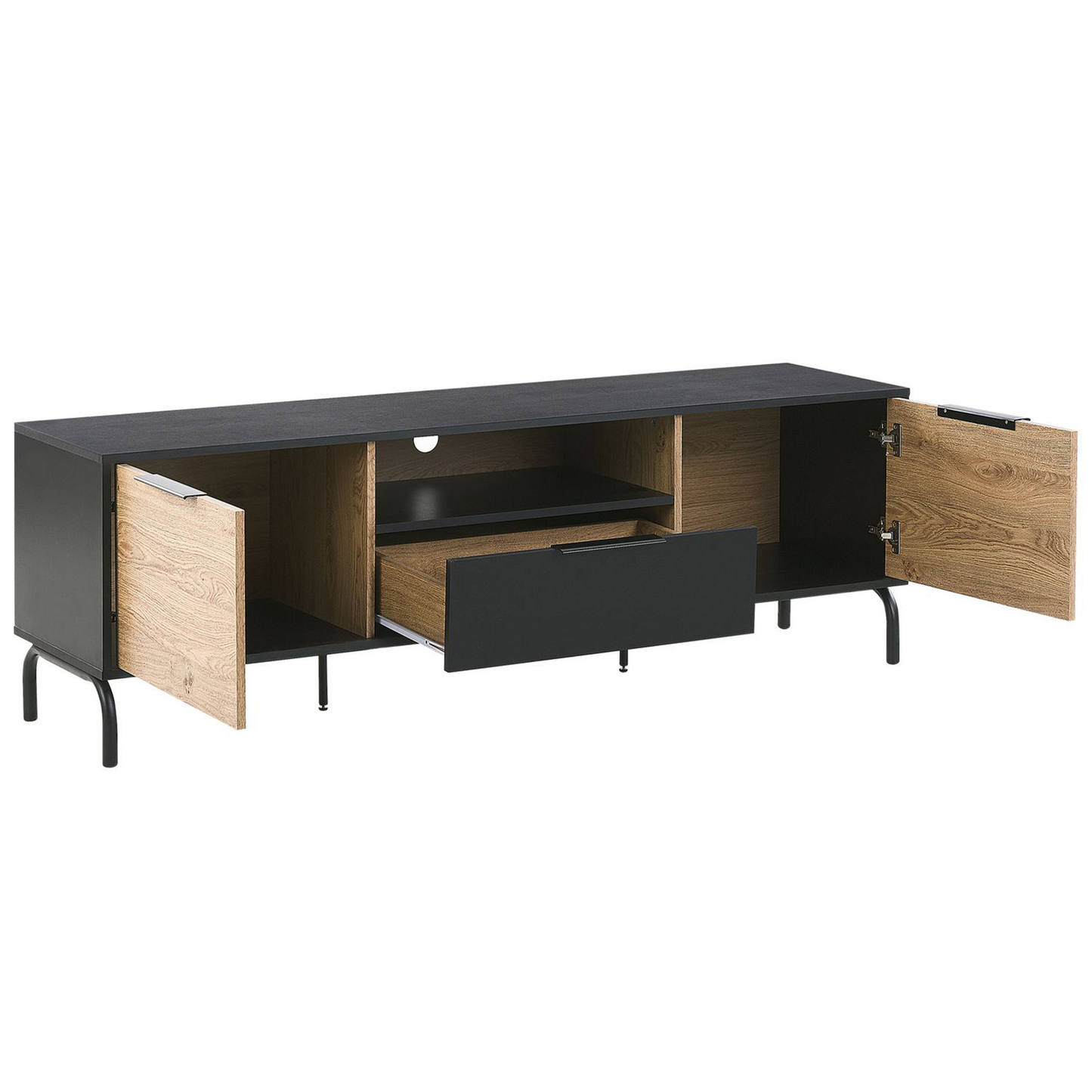 Black And Light Wood Particle Board TV Stand With Metal Legs And Drawer Storage For 70 Inch TVs